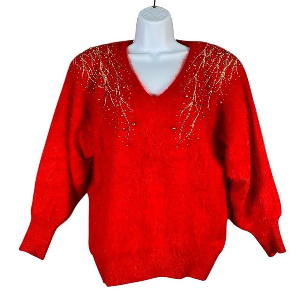 VTG Christine Phillipe Angora Sweater Holiday Red Embellished Rhinestone Beaded
